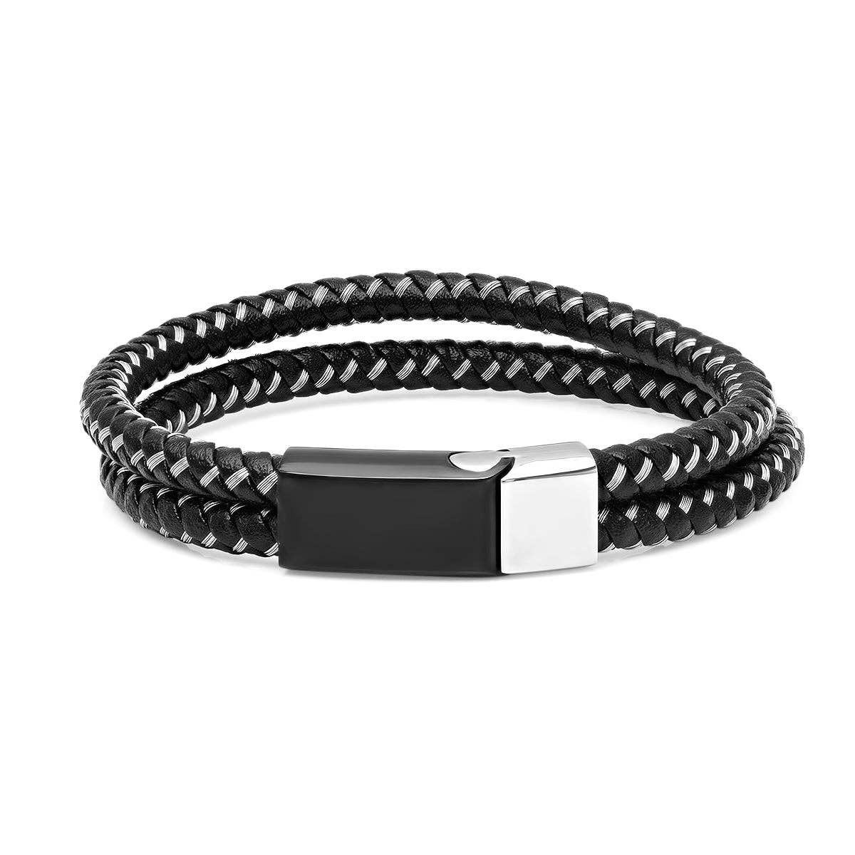 Steeltime Men's Woven Leather Bracelet with Two Tone Clasp