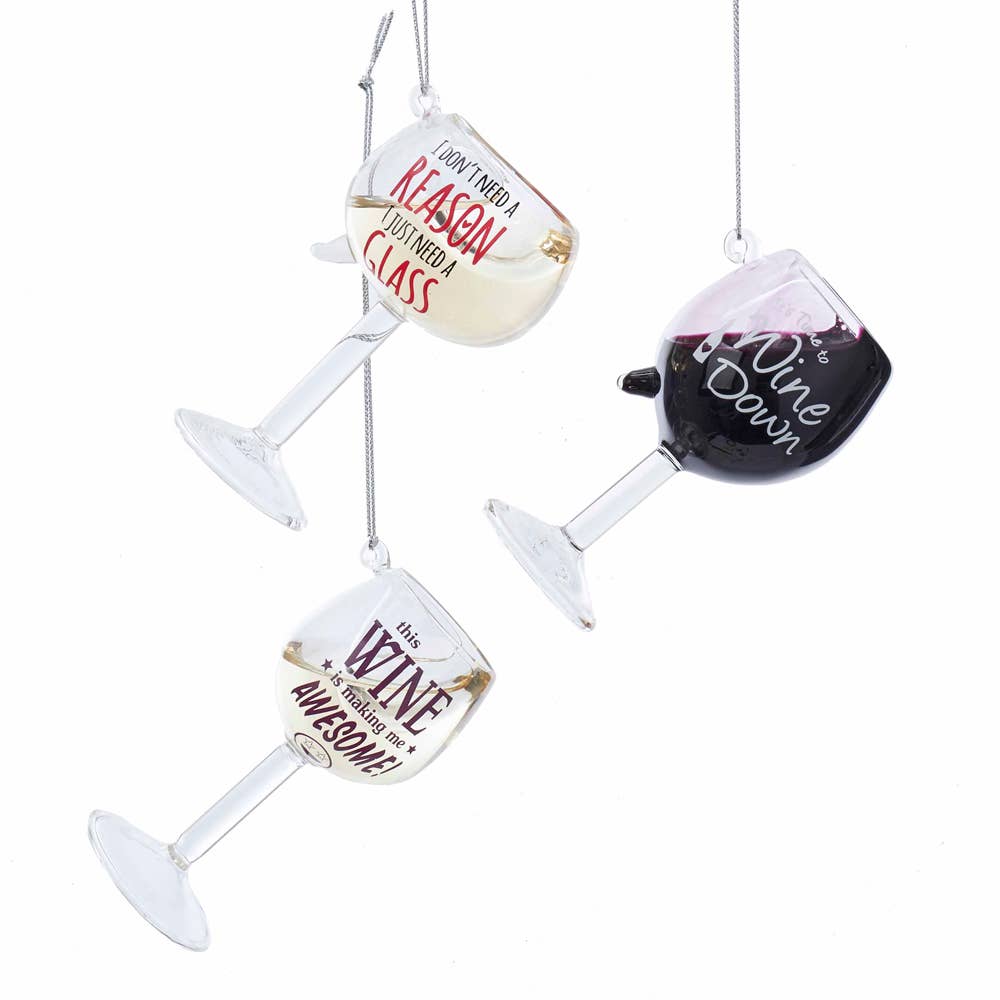 4"GLASS WINE GLASS W/WORDS ORNAMENT 3/A