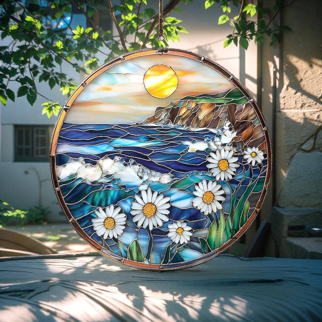 Daisy Flowers Ocean Suncatcher, Flowers Glass Window Hanging