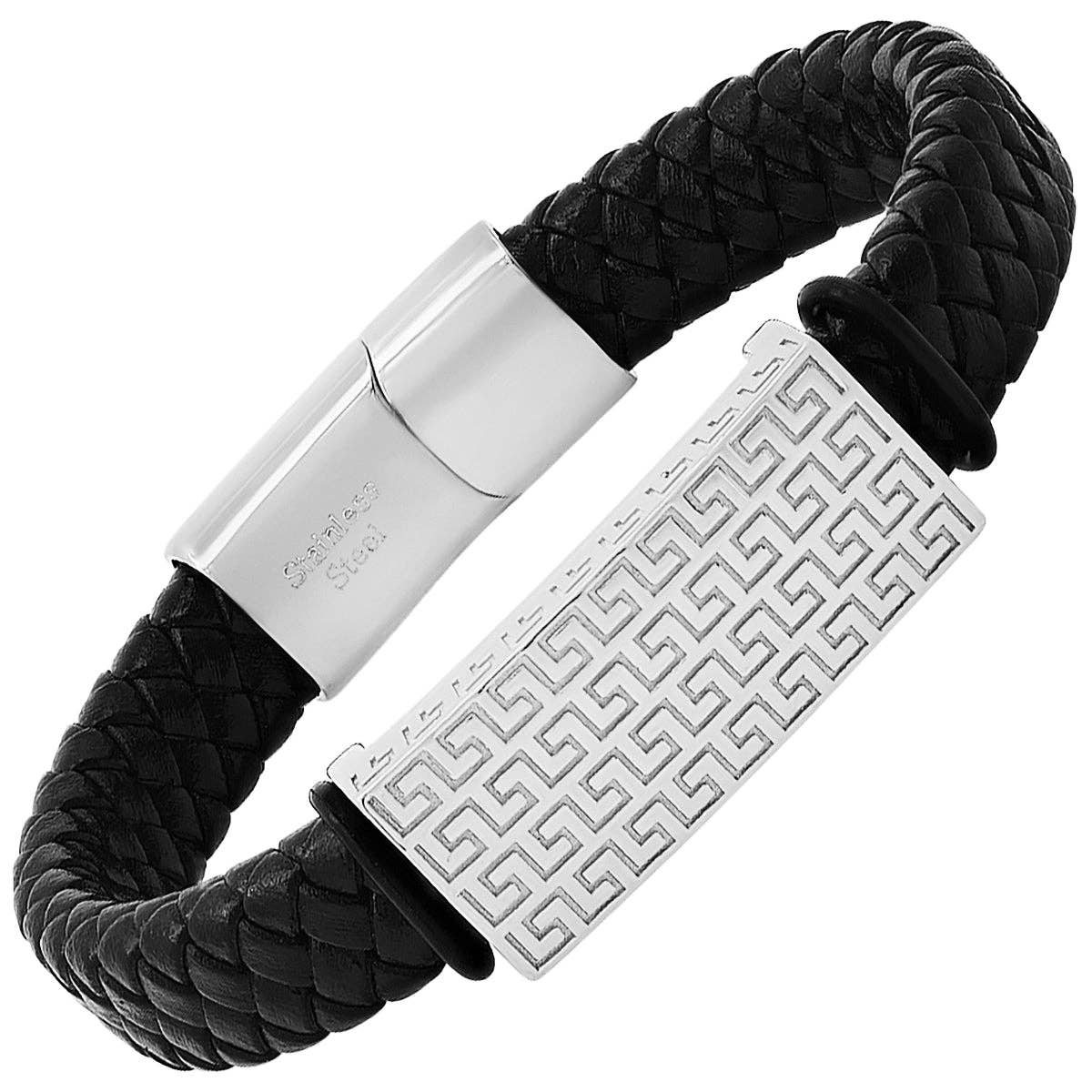 Steeltime Men's Greek Key Woven Leather ID Bracelet