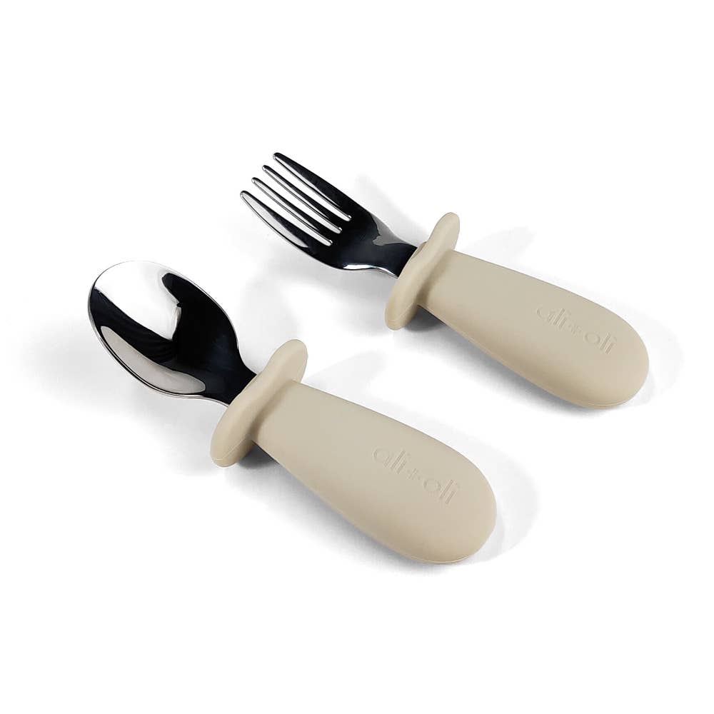 Ali+Oli Spoon & Fork Learning Set for Toddlers (Khaki) 6m+