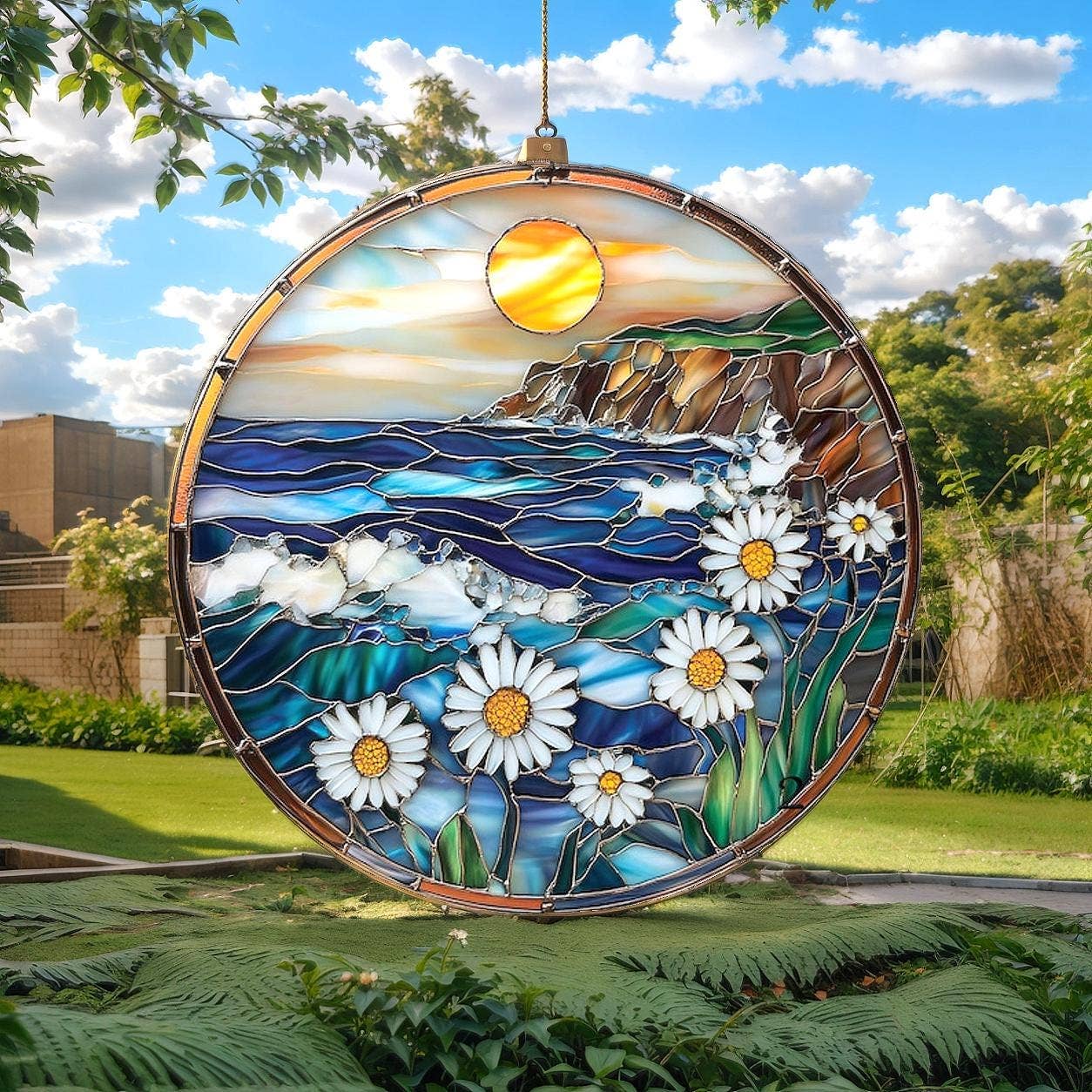 Daisy Flowers Ocean Suncatcher, Flowers Glass Window Hanging