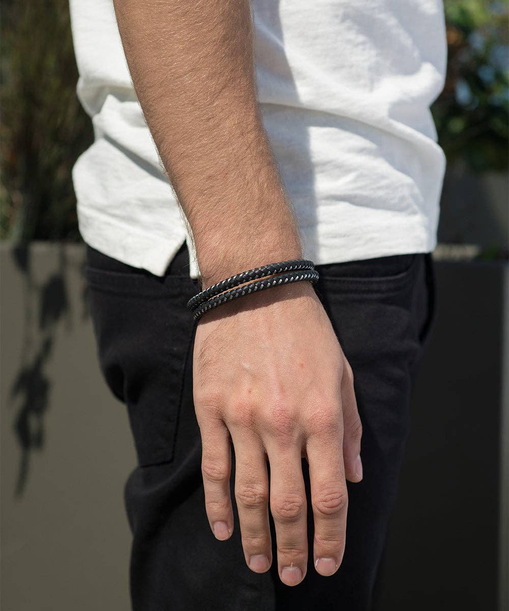 Steeltime Men's Woven Leather Bracelet with Two Tone Clasp