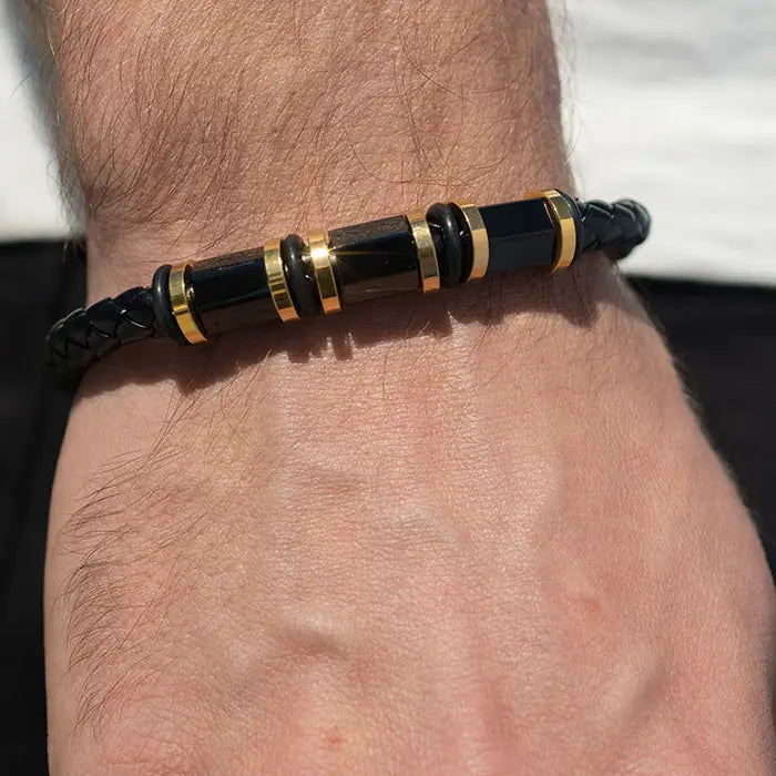 Steeltime Mens Black Braided Simulated Onyx Leather Bracelet