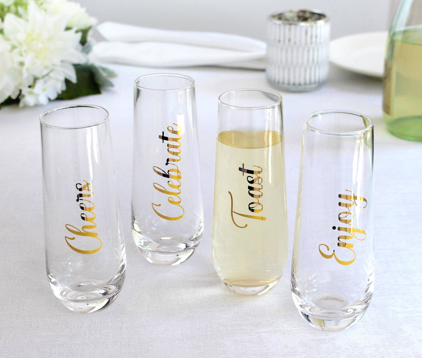 Lillian Rose 4 Stemless Champagne Glasses-Celebration saying