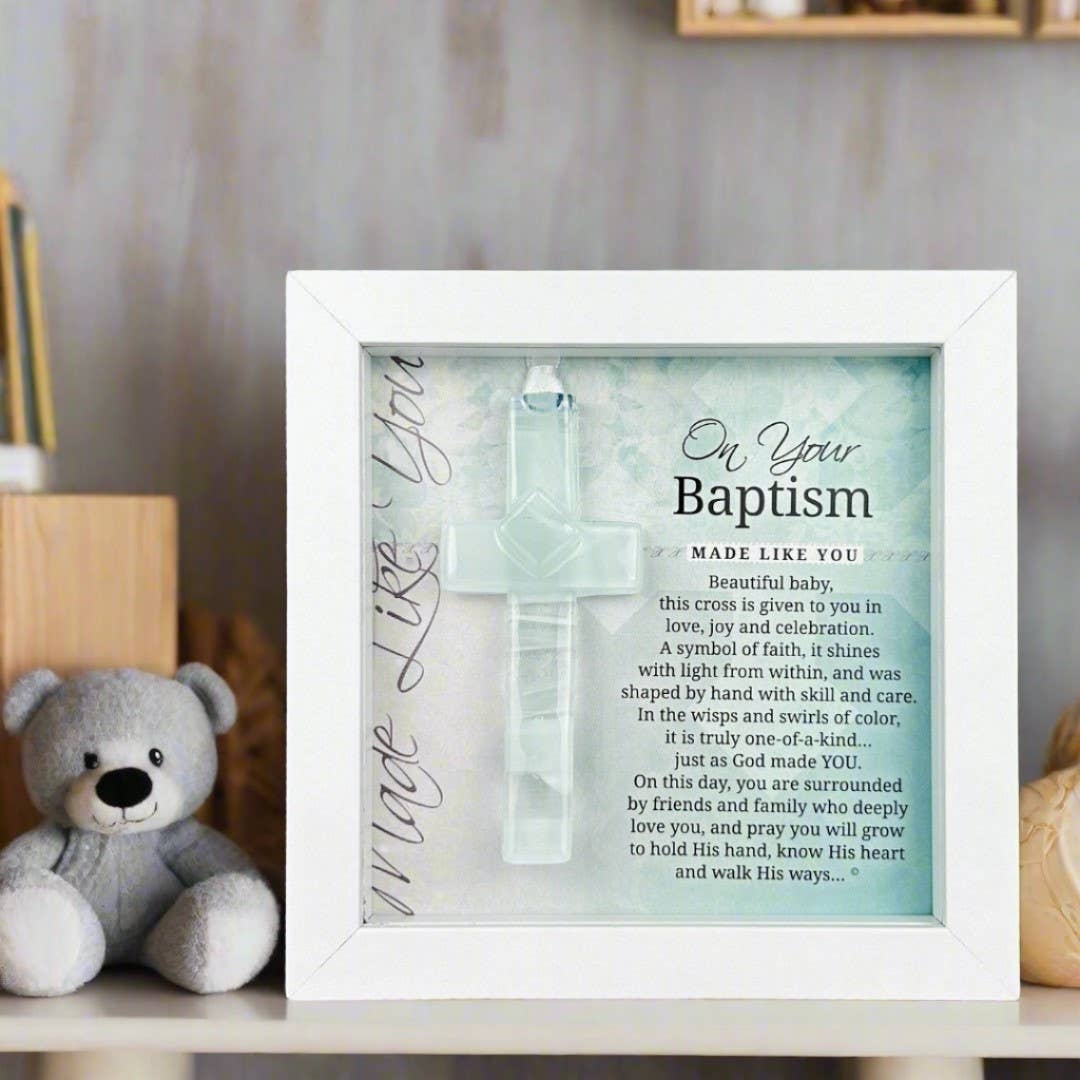 Baby Baptism Cross Gift - Framed Glass Keepsake