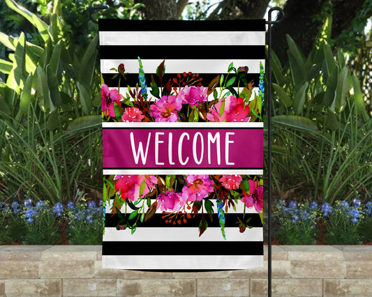 Garden Flag - Pink Welcome Floral with Stripes