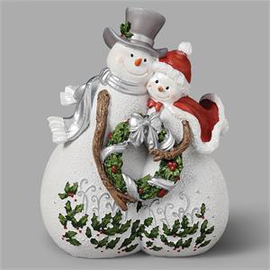 8.5"H SNOWMAN COUPLE HOLLY BERRY SILVER CURLS