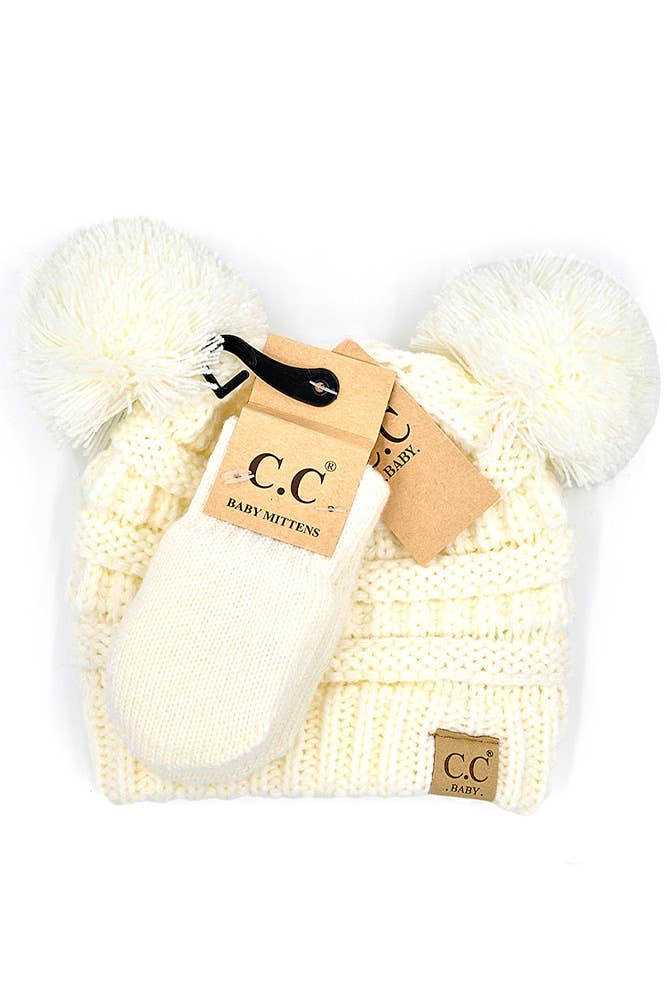 C.C Baby Solid Ribbed Pom Beanie and Mitten Glove