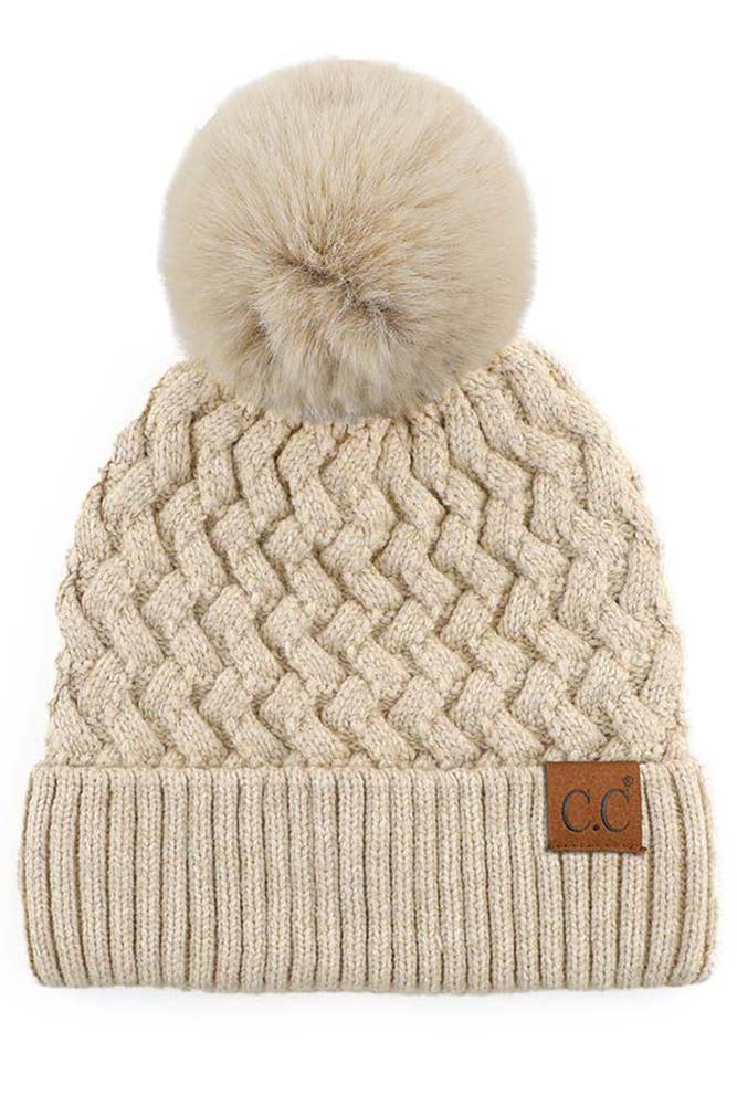 C.C Woven Cable Stitch Cuff Soft Pom Beanie Winter Hat