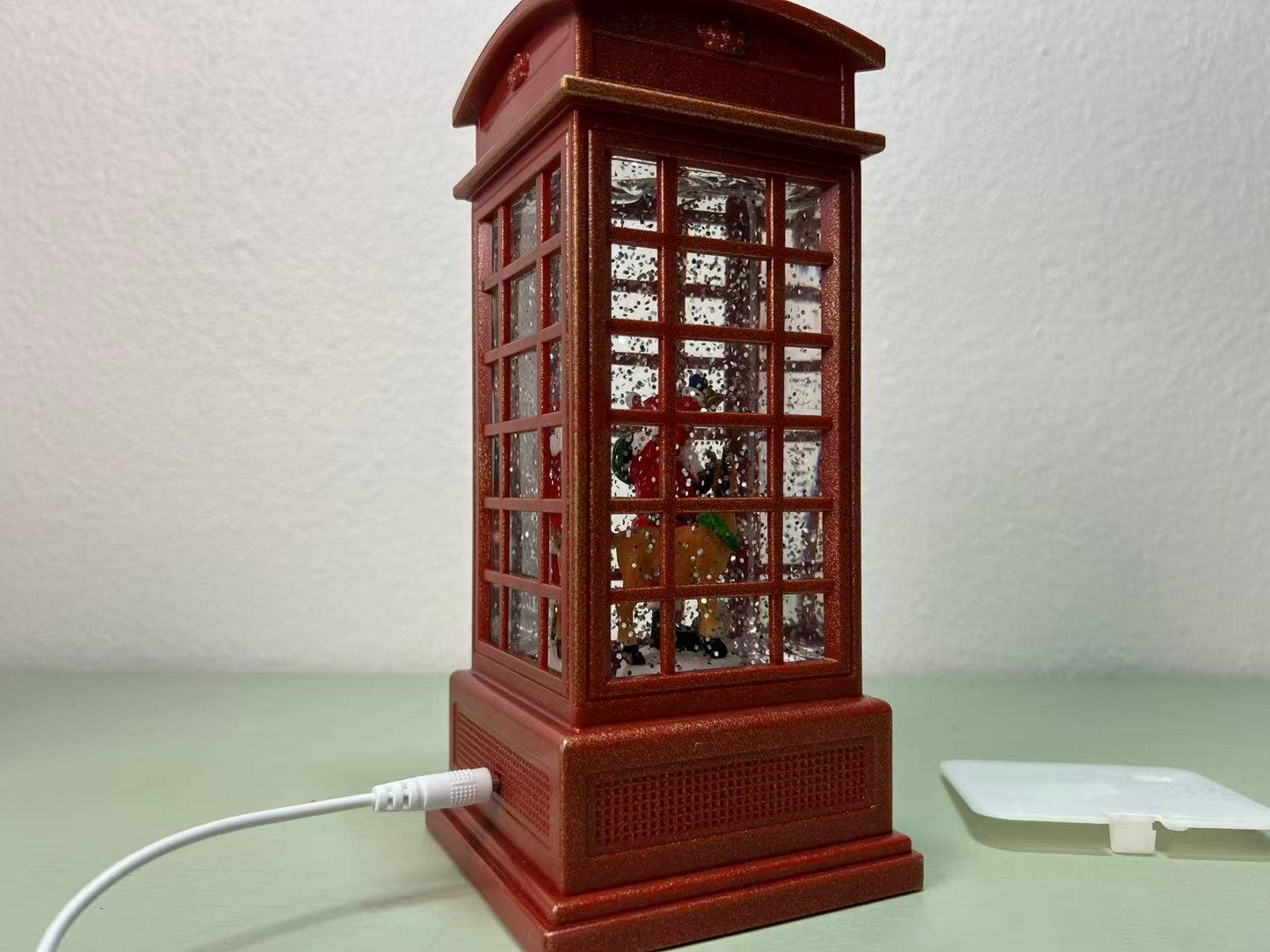 7.85” B/O Lighted Santa Phone Booth Lantern Glitter Globe