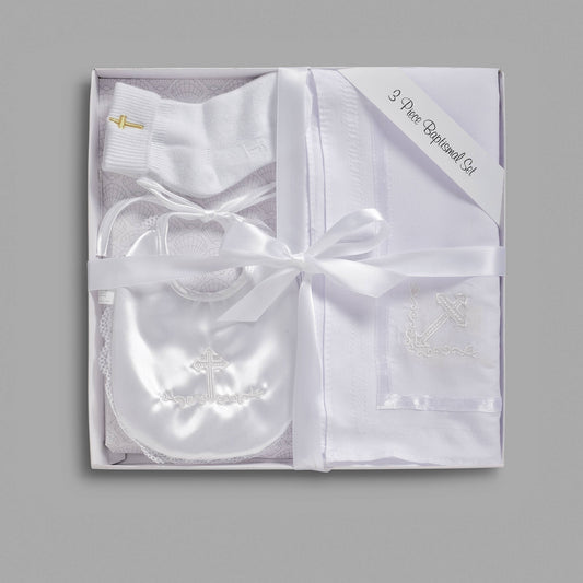 3 Piece Baptism Gift Set Bib/Blanket/Socks