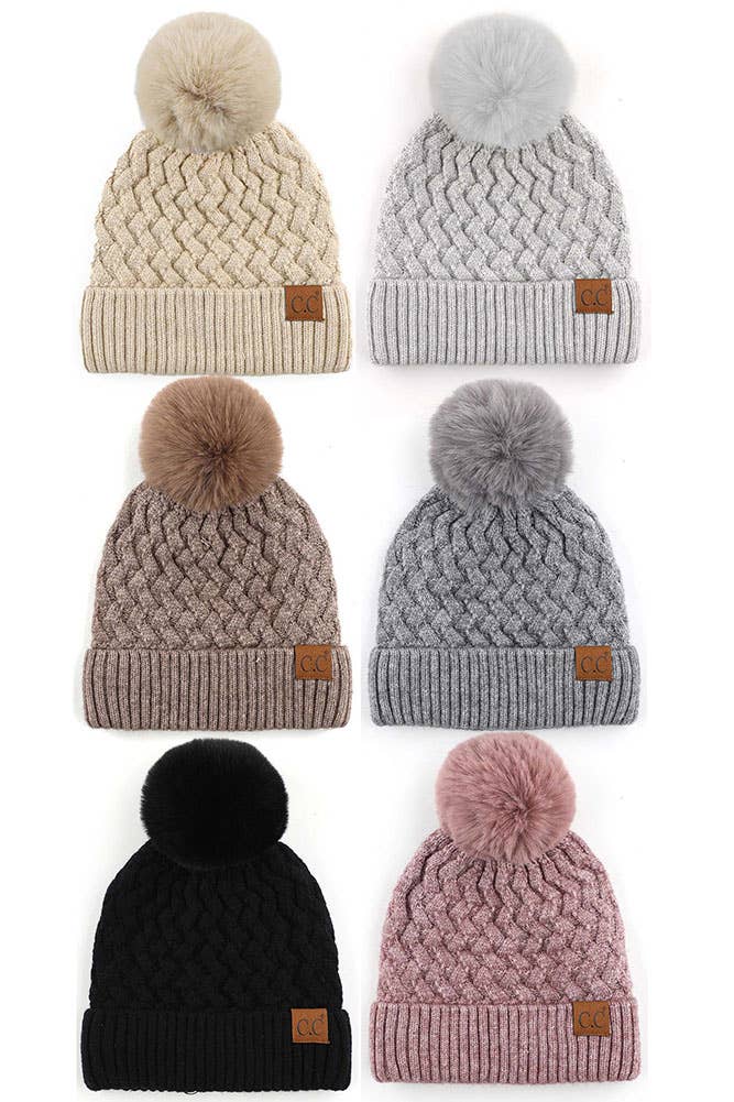 C.C Woven Cable Stitch Cuff Soft Pom Beanie Winter Hat