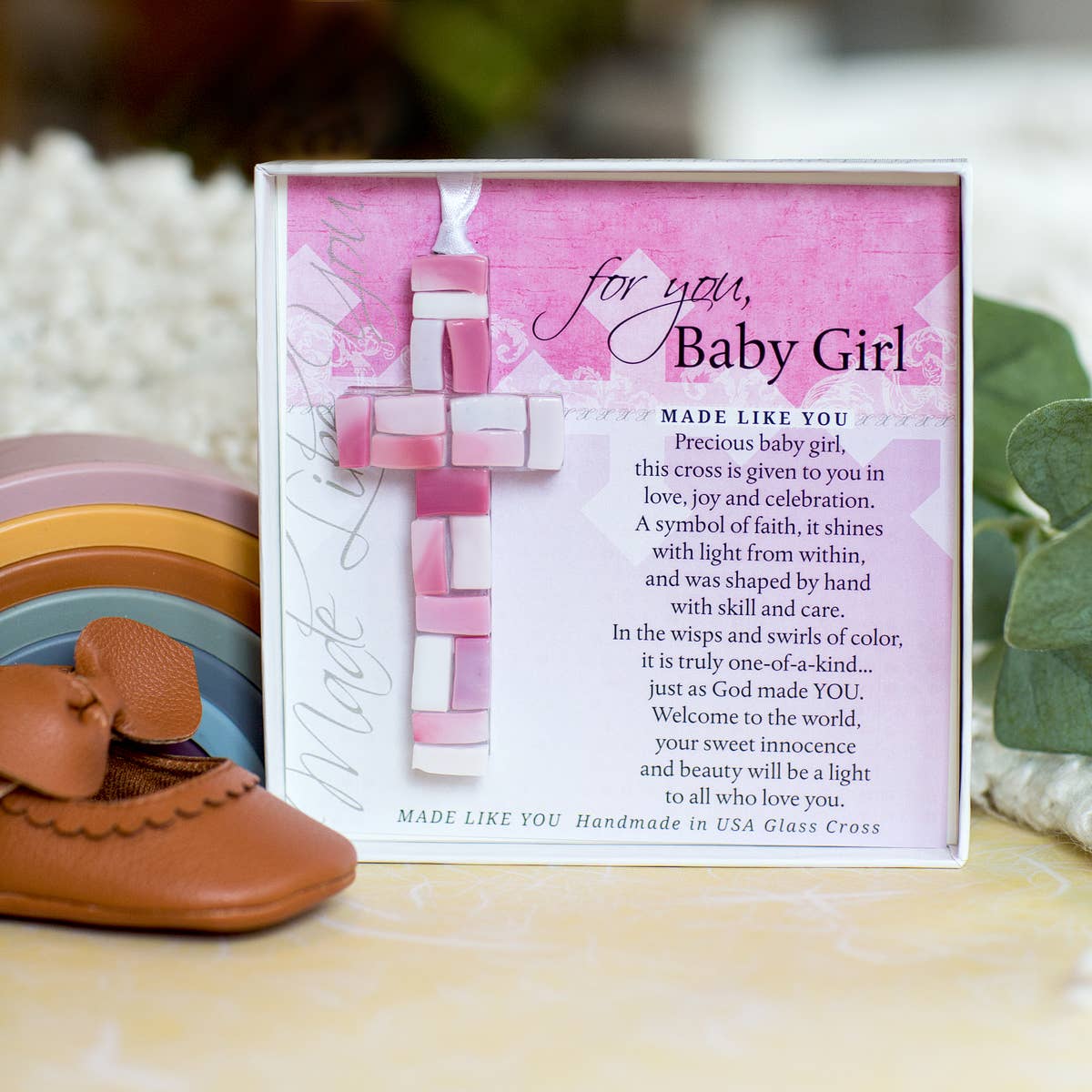New Baby Girl Gift  USA Handmade Mosaic Glass Cross