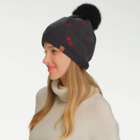 C.C Rhinestone Cherry Pattern Pom Beanie Hat