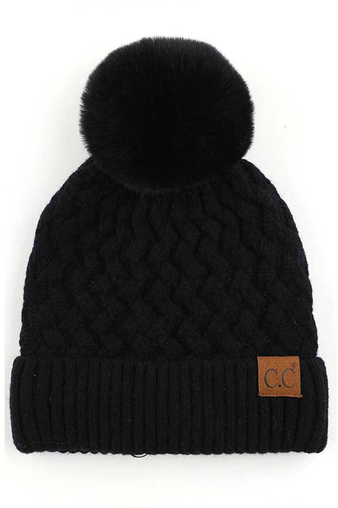C.C Woven Cable Stitch Cuff Soft Pom Beanie Winter Hat