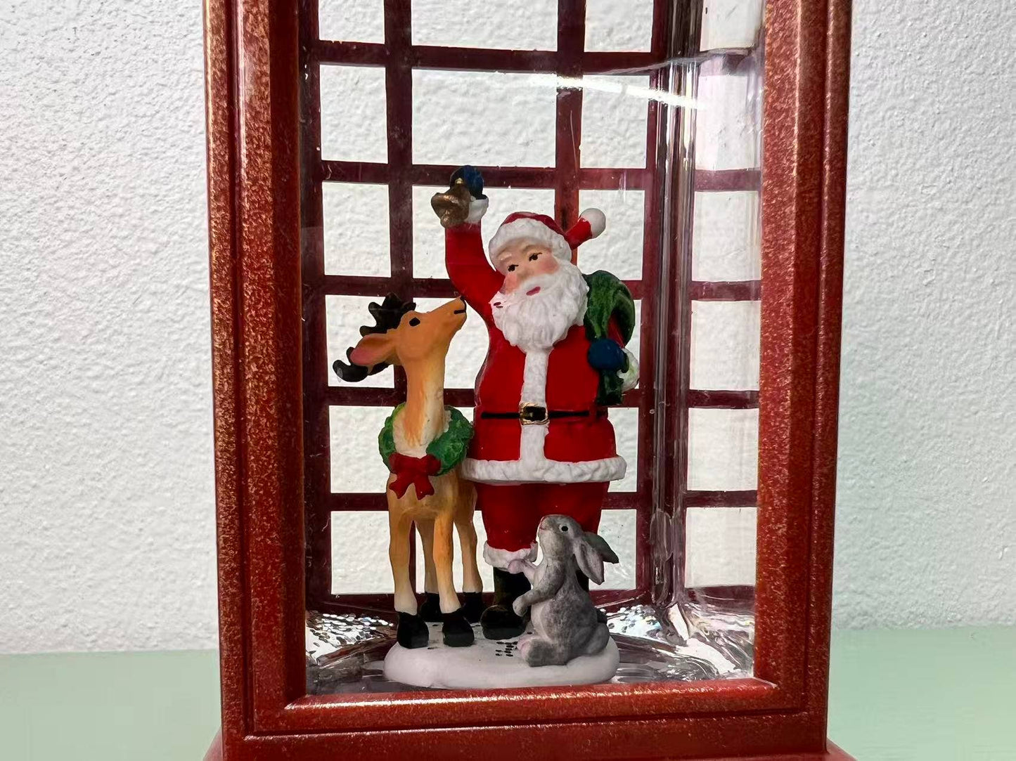 7.85” B/O Lighted Santa Phone Booth Lantern Glitter Globe