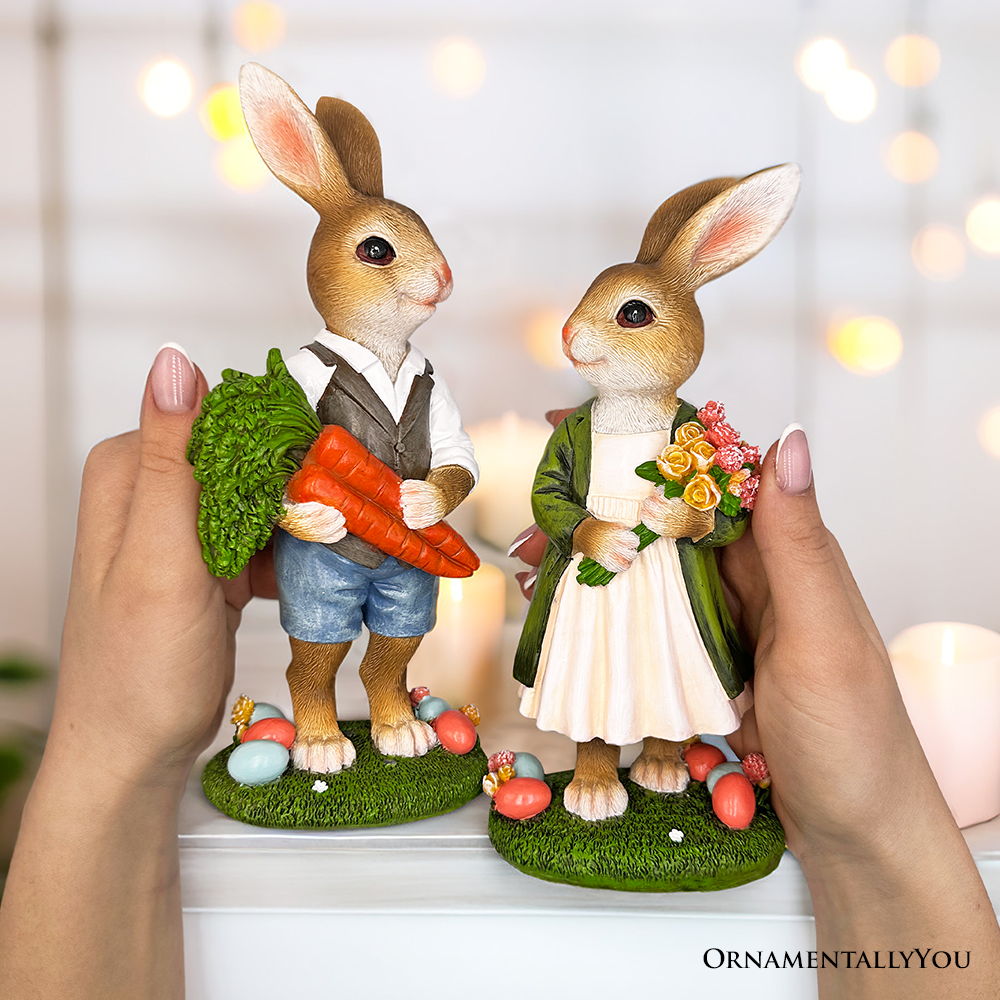 Harvest and Bloom Country Bunny Pair Figurine, 8" Rabbit Garden Statue Set