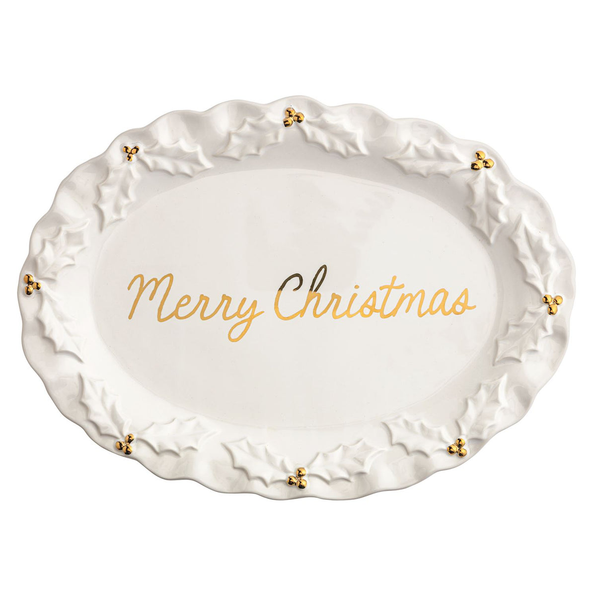 Gold Holly Merry Christmas Platter