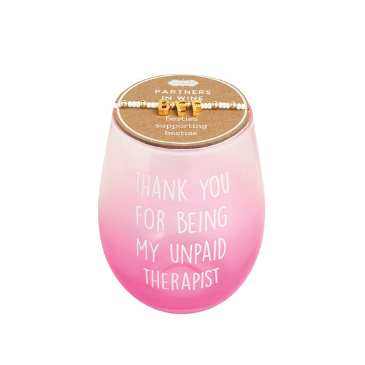 Unpaid Therapist Friends Wine Glass & Bracelet Set