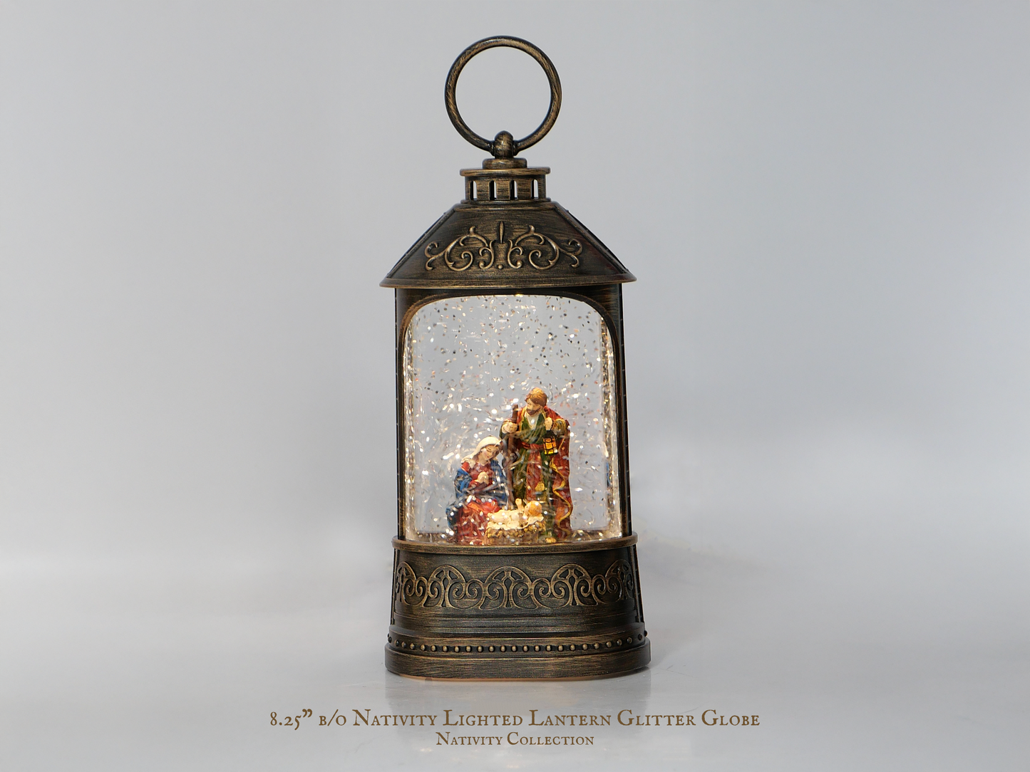 8.25" B/O Lighted Nativity Lantern Glitter Globe, Bronze