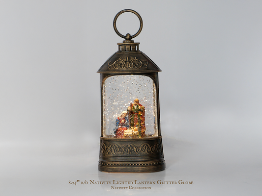 8.25" B/O Lighted Nativity Lantern Glitter Globe, Bronze