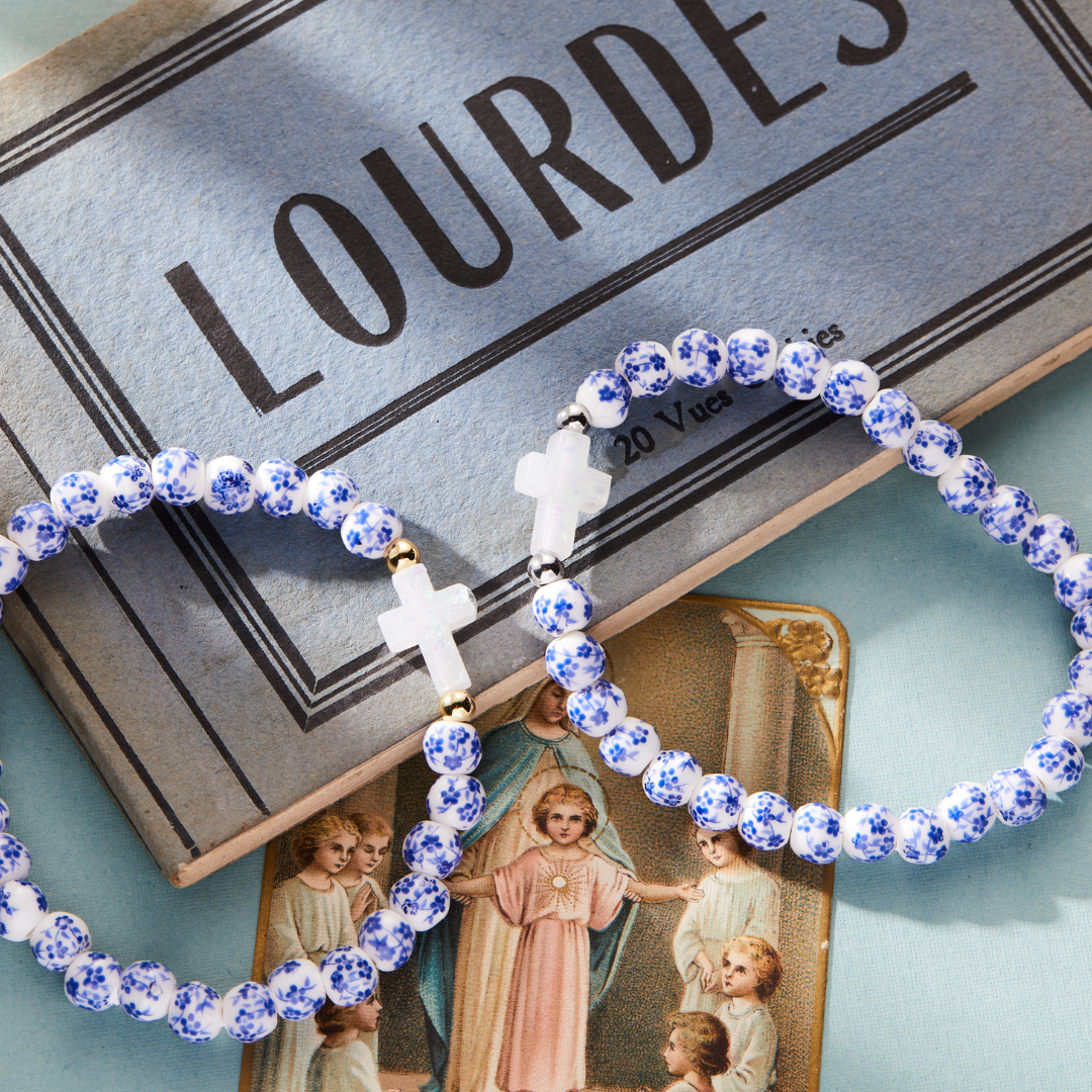 PETITE HOLY WATER PORCELAIN CROSS BRACELET