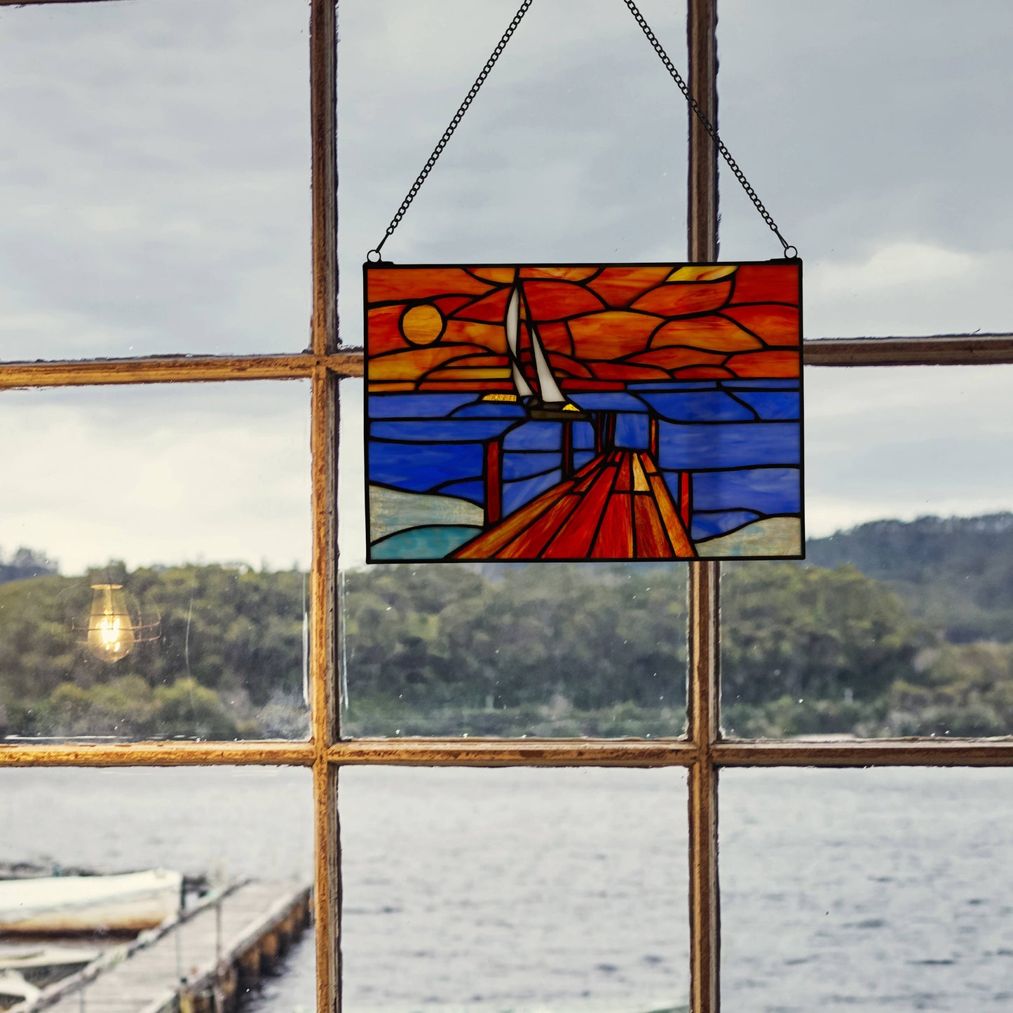 14"L Sailboat Orange & Blue Stained Glass Window Panel