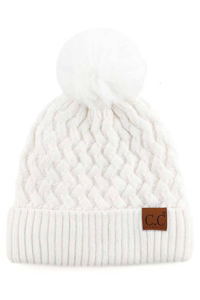 C.C Woven Cable Stitch Cuff Soft Pom Beanie Winter Hat
