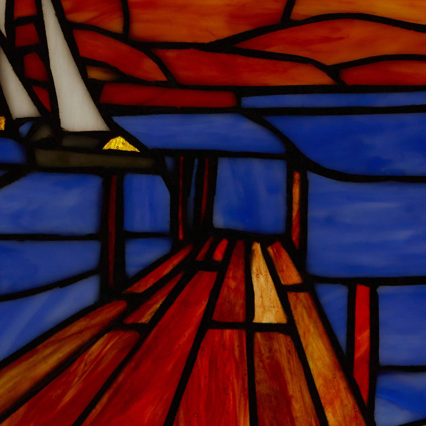 14"L Sailboat Orange & Blue Stained Glass Window Panel