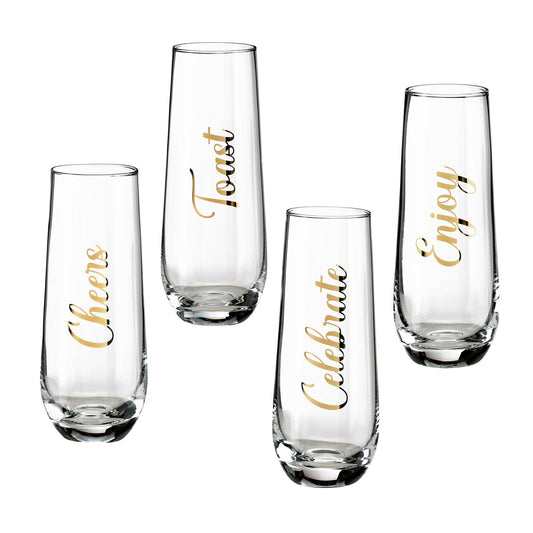 Lillian Rose 4 Stemless Champagne Glasses-Celebration saying