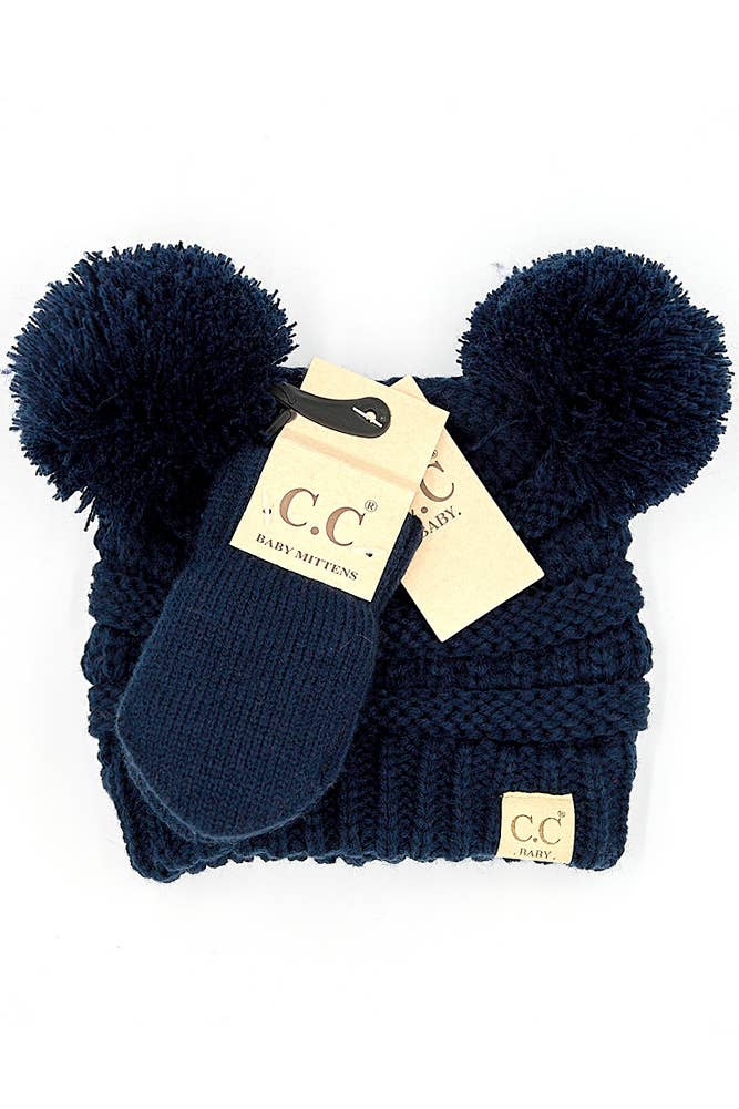 C.C Baby Solid Ribbed Pom Beanie and Mitten Glove