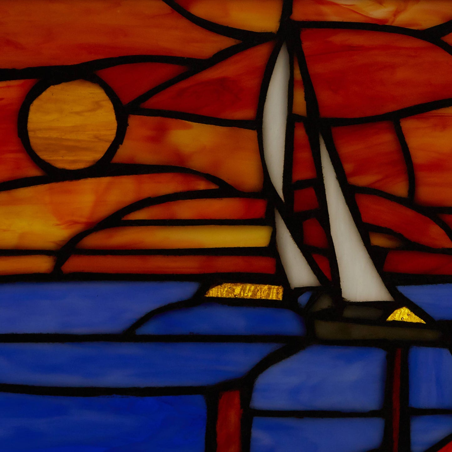 14"L Sailboat Orange & Blue Stained Glass Window Panel