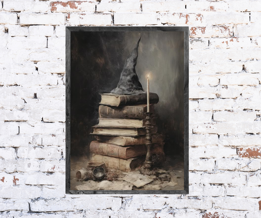 Stacked Books Witch Hat Framed Sign