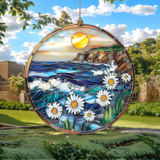 Daisy Flowers Ocean Suncatcher, Flowers Glass Window Hanging