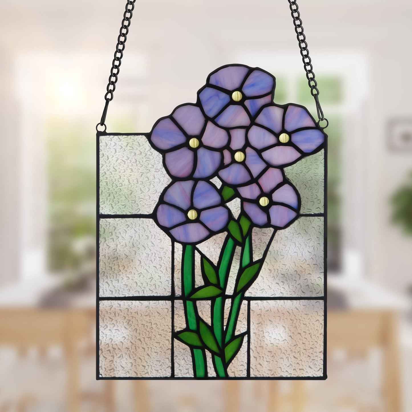 10"H Forget Me Not Purple Flowers Stained Glass Window Panel