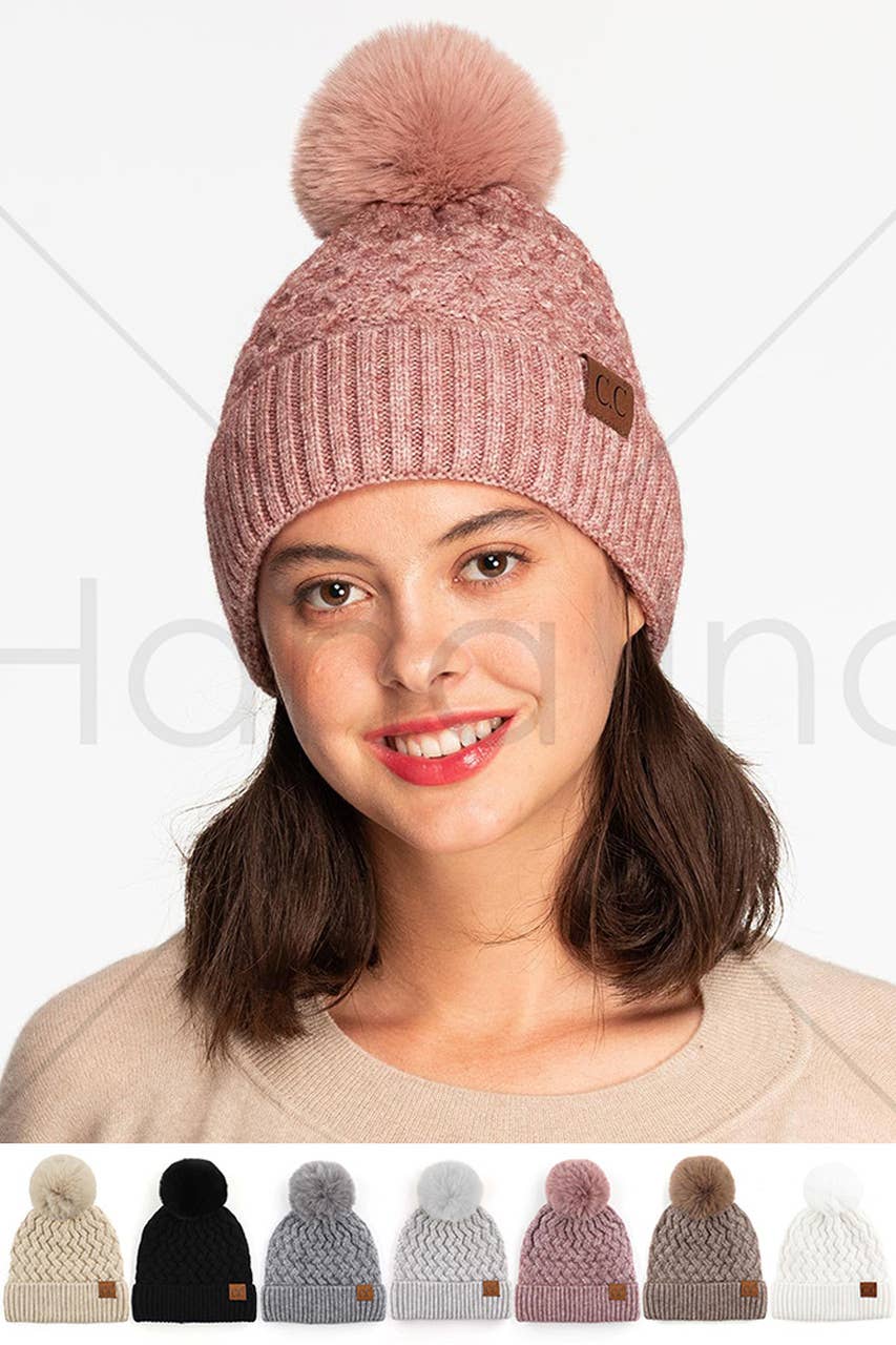 C.C Woven Cable Stitch Cuff Soft Pom Beanie Winter Hat