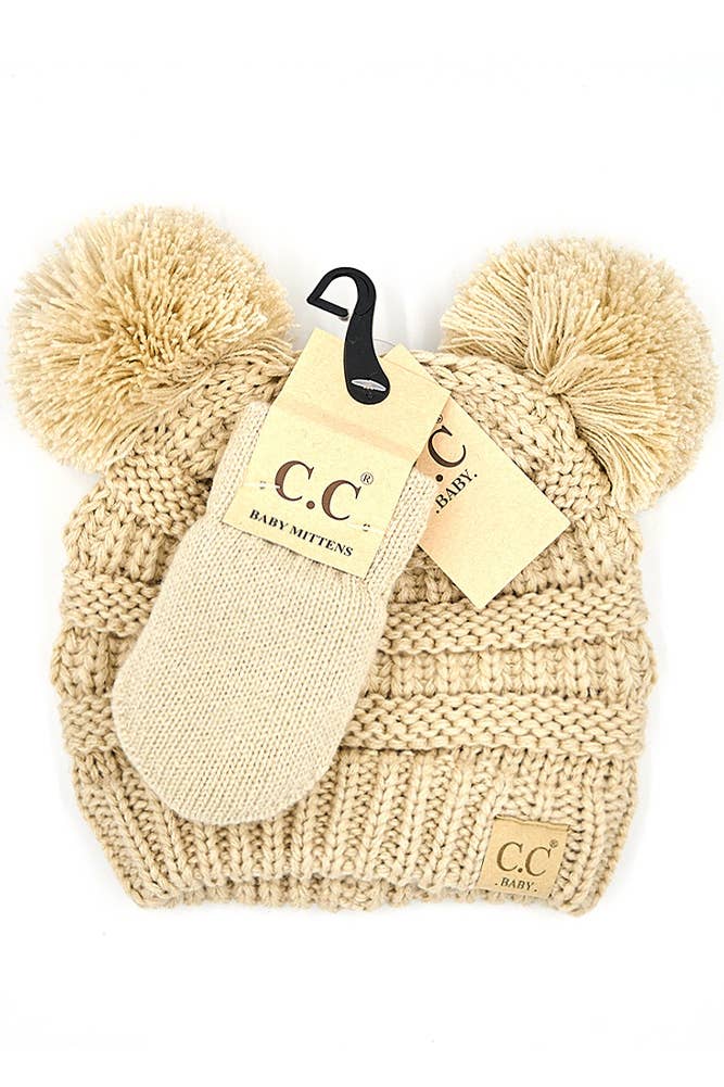 C.C Baby Solid Ribbed Pom Beanie and Mitten Glove