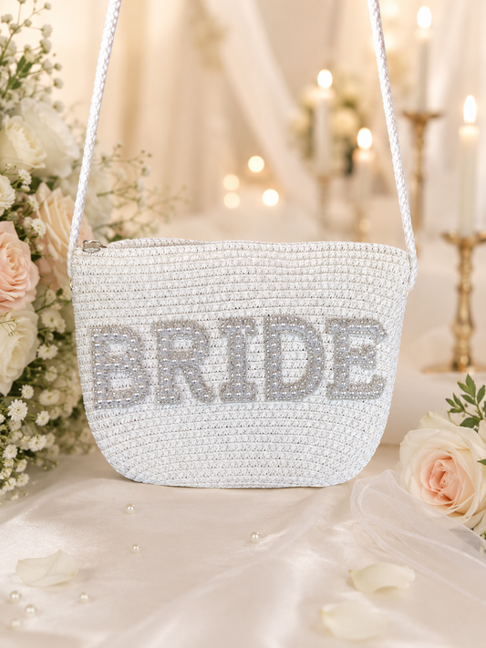 Woven Straw Pearl and Diamond Bride Purse