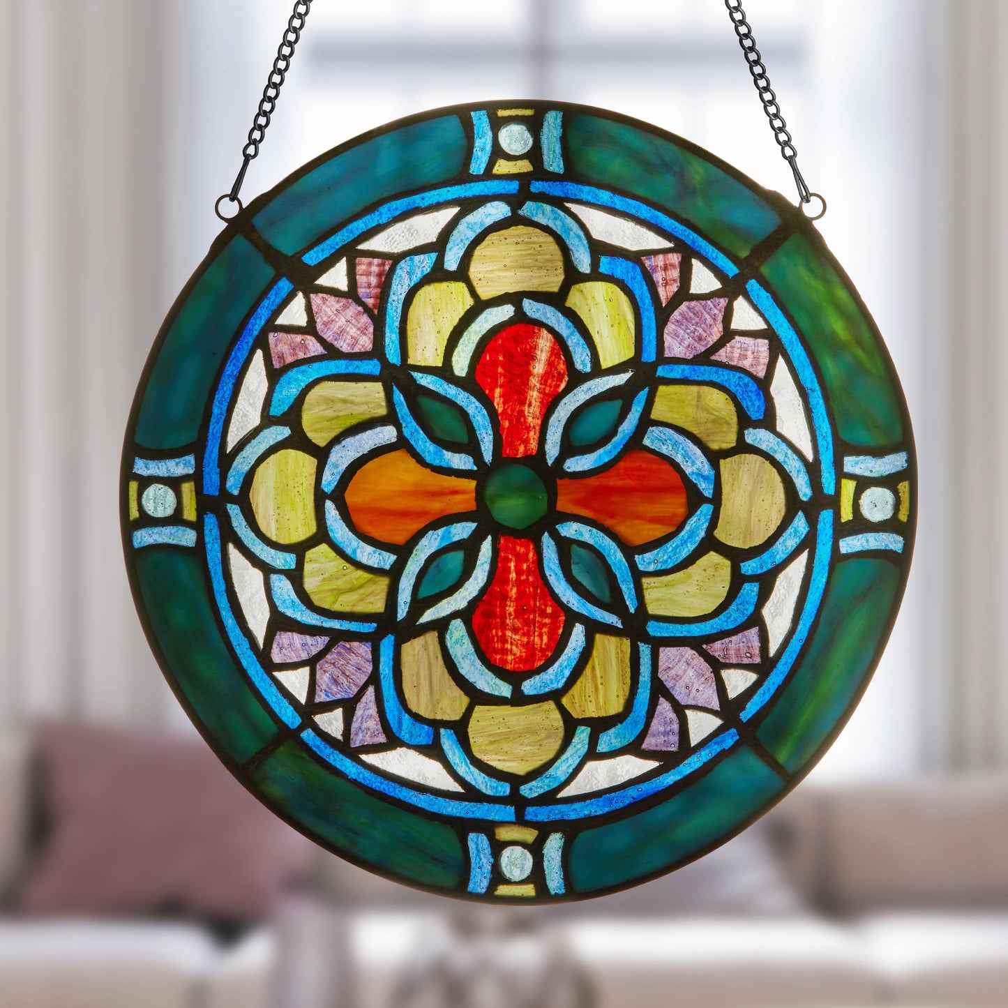 12"H Round Geometric Stained Glass Window Panel