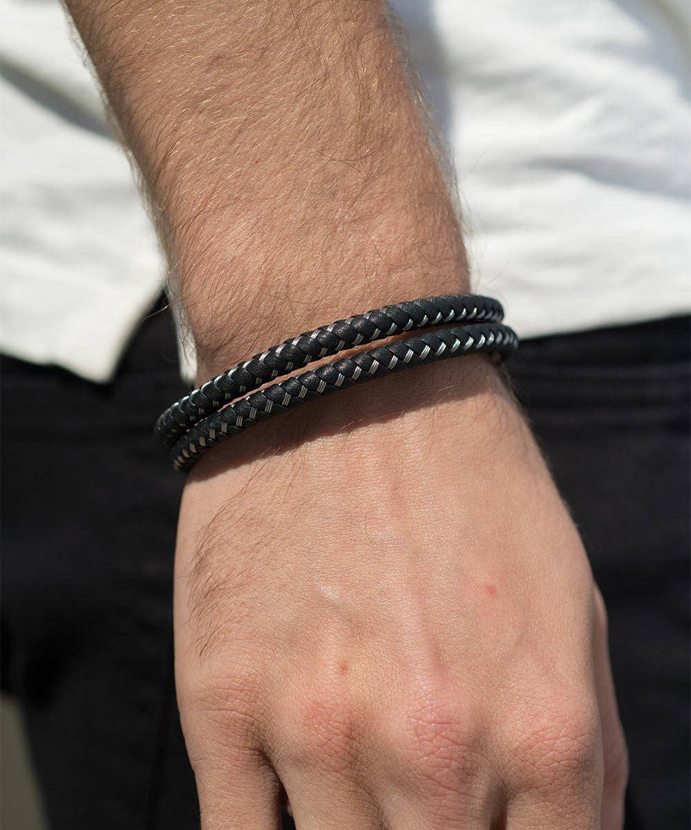 Steeltime Men's Woven Leather Bracelet with Two Tone Clasp