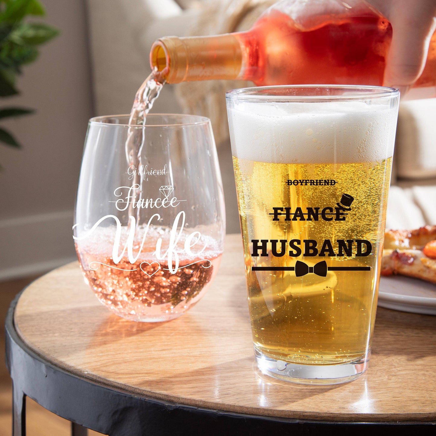 Wedding Stemless Glass and Beer Pint Giftset, 17oz and 16oz,