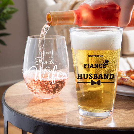 Wedding Stemless Glass and Beer Pint Giftset, 17oz and 16oz,