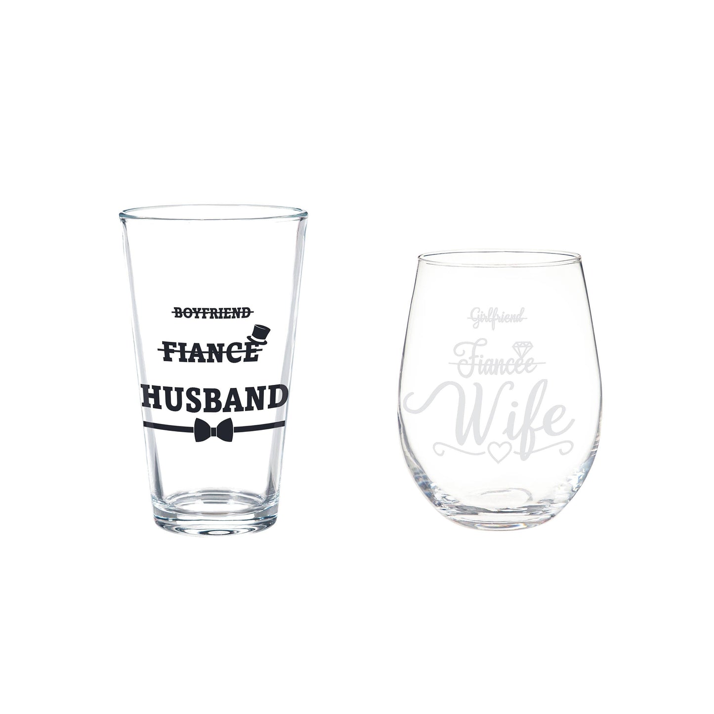 Wedding Stemless Glass and Beer Pint Giftset, 17oz and 16oz,