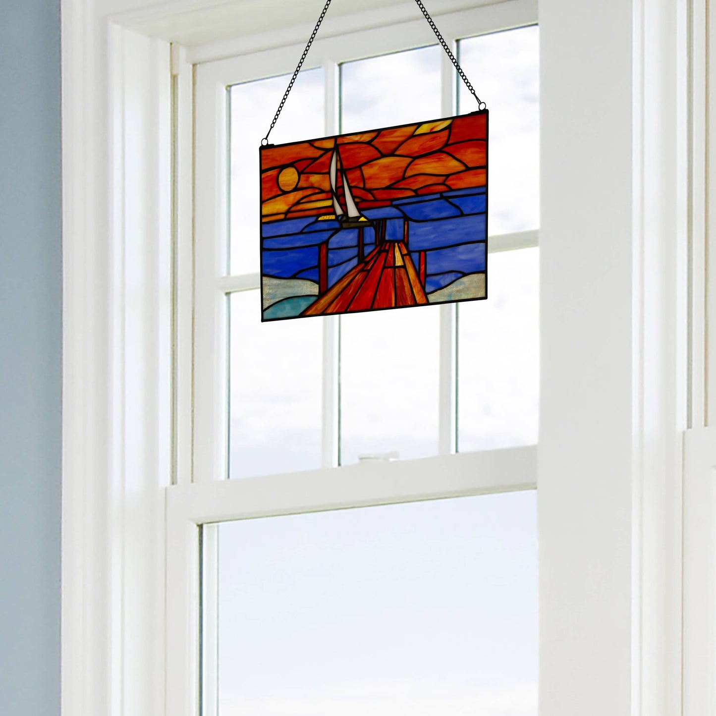 14"L Sailboat Orange & Blue Stained Glass Window Panel