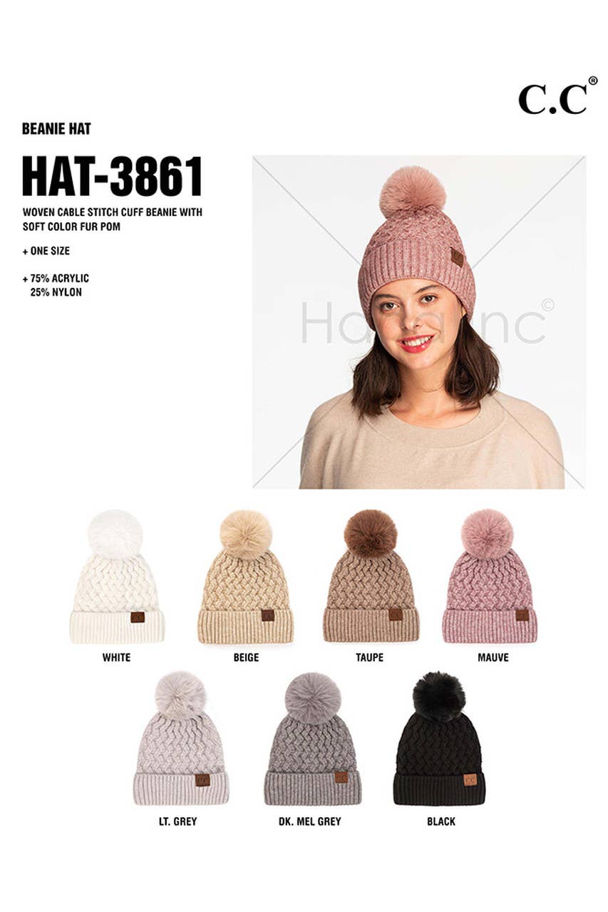 C.C Woven Cable Stitch Cuff Soft Pom Beanie Winter Hat