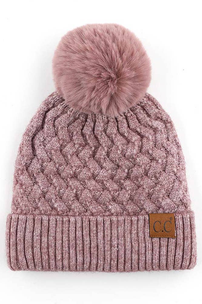 C.C Woven Cable Stitch Cuff Soft Pom Beanie Winter Hat