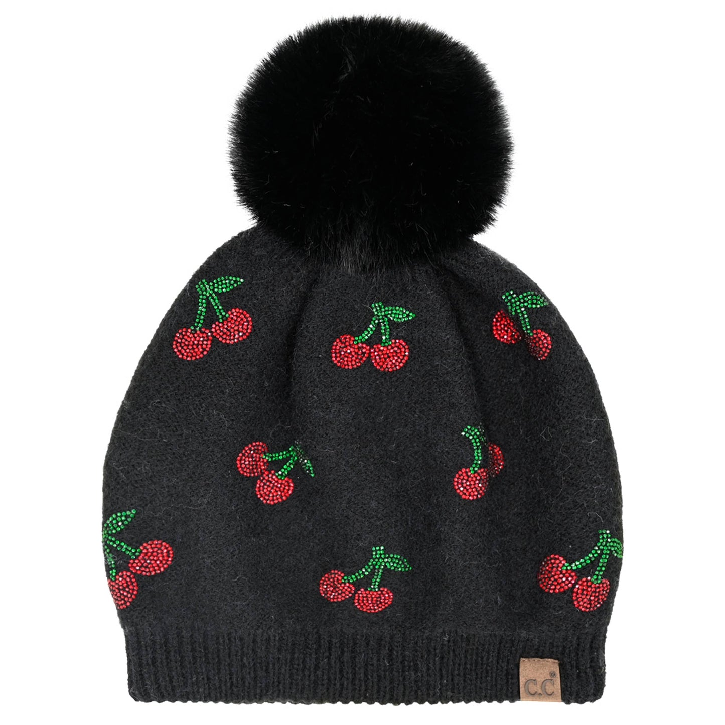 C.C Rhinestone Cherry Pattern Pom Beanie Hat