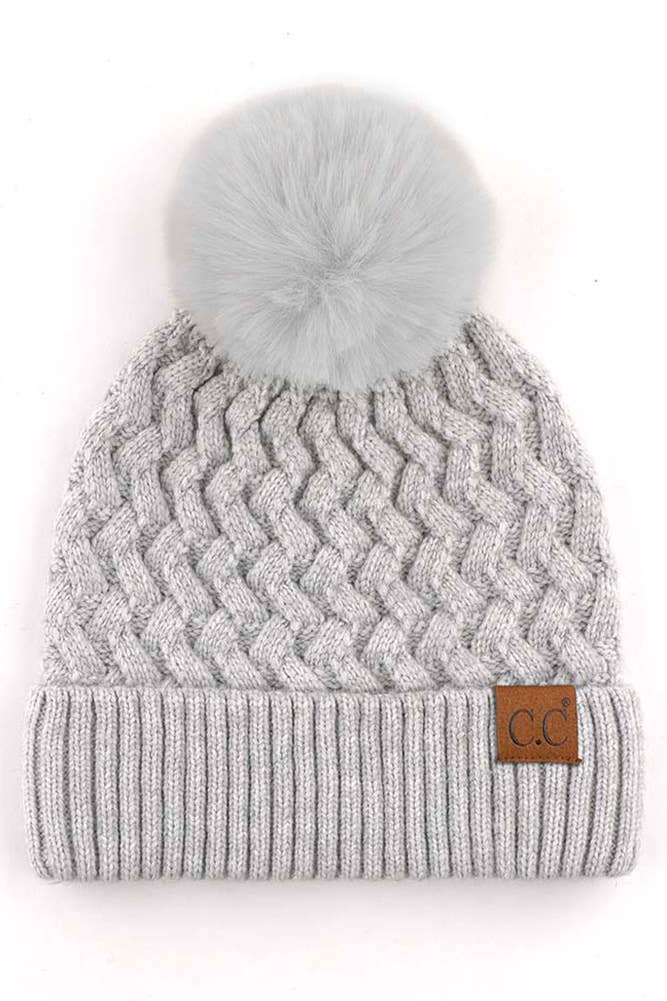 C.C Woven Cable Stitch Cuff Soft Pom Beanie Winter Hat