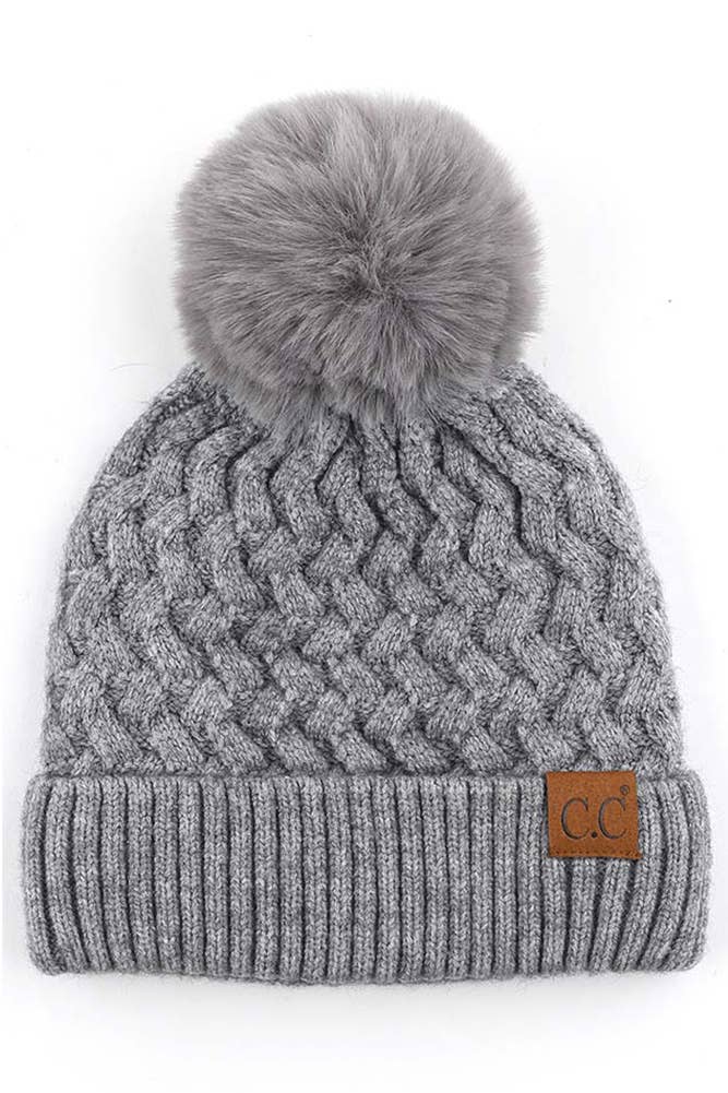 C.C Woven Cable Stitch Cuff Soft Pom Beanie Winter Hat